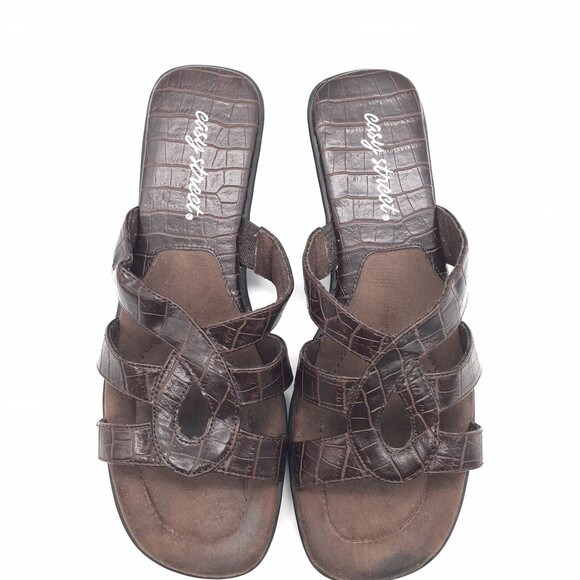 Easy Street Women's 9M Brown Sandals Faux Croc Print Open Toe Slides Mules Shoes - Picture 5 of 11